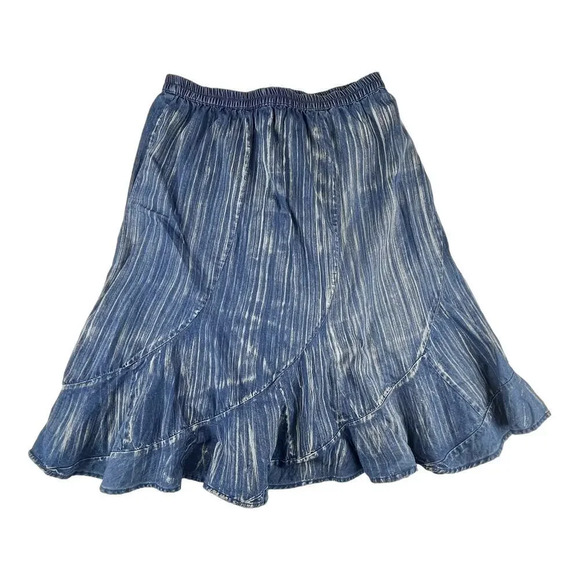 GIGI | Vintage M Striped Denim 100% Cotton Asymetrical Ruffle Jean Midi Skirt - Picture 5 of 5